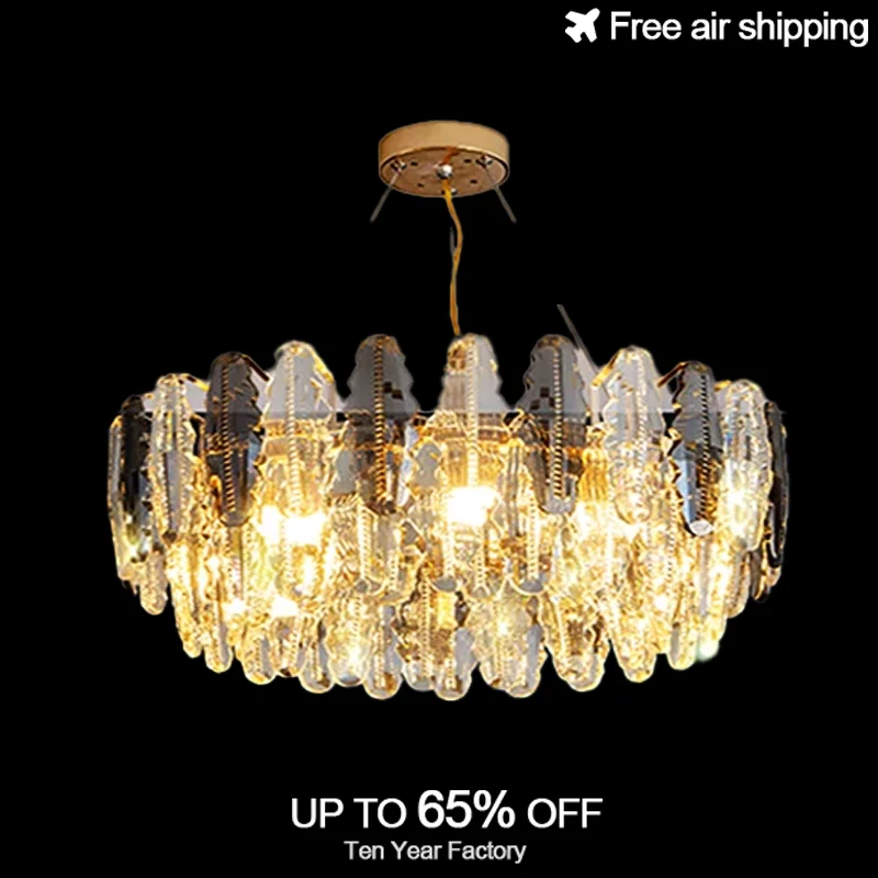 

LED Modern Chandelier with Gold Leaf Shaped Crystal Pieces Hanging from Ceiling for Dining Room Decorative Light Fixtures
