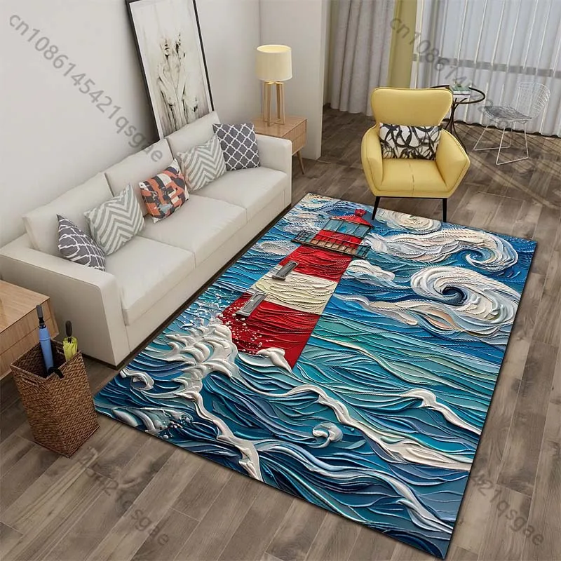 Red white lighthouse stormy waves swirling clouds Print Carpet for Living Room Bedroom Sofa Home Decor Non-slip Mat Luxury Gift