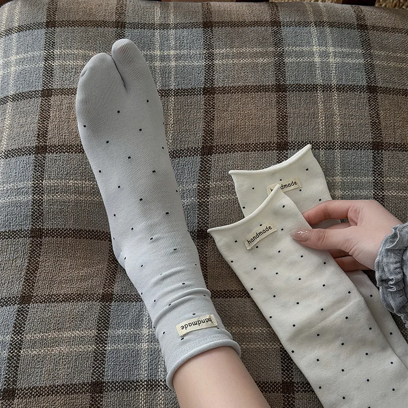 1pair Polka Dot Tabi Toe Socks Women Cotton Two-toed Solid Japanese Kimono Flip Flop Sandal Split Socks Black White Socks