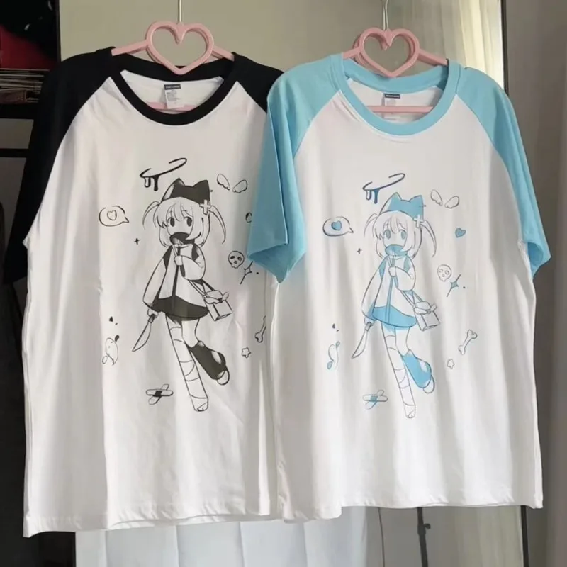 

White Patchwork Casual T Shirts Women Summer 2024 Subculture Y2k Harajuku Tees Short Sleeves Simple Cartoon 2000s Printed Tops