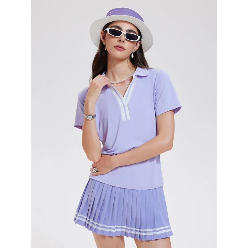 SharpStar Women's Pleated Tennis Skirt Set Polo V-Neck Golf Outfit Pickleball Athletic Skirt with Built-in Shorts