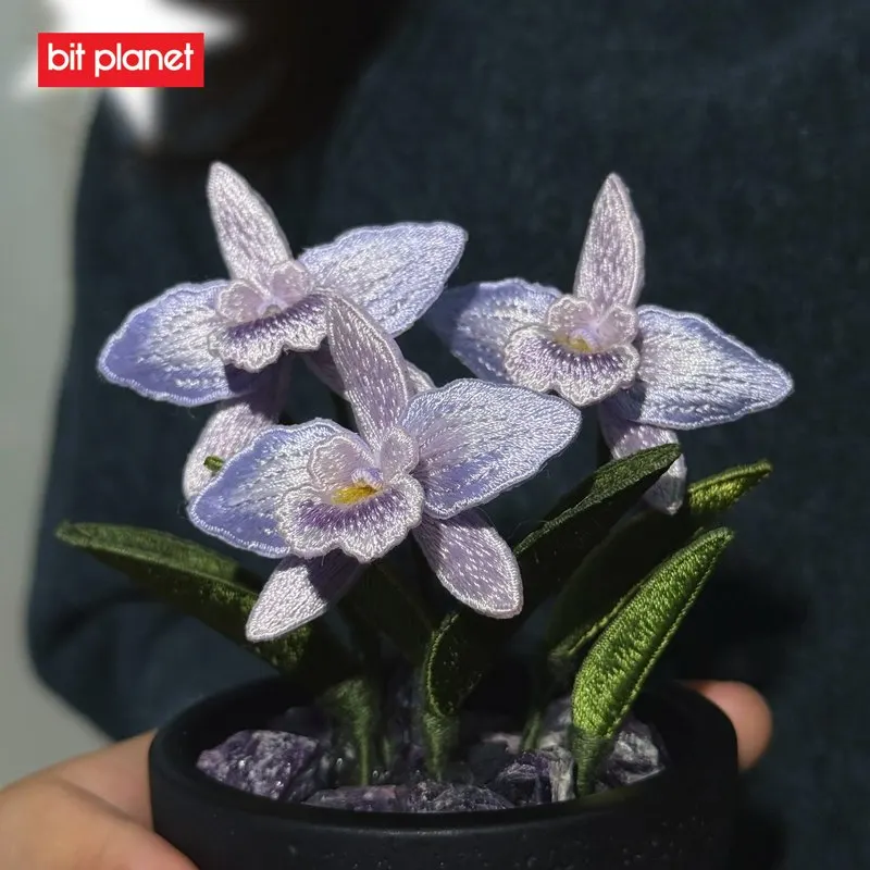 Bit Planet Embroidered Purple Orchid Handmade Figurine Artificial Potted Plant Creative Desktop Home Decor Festival Holiday Gift