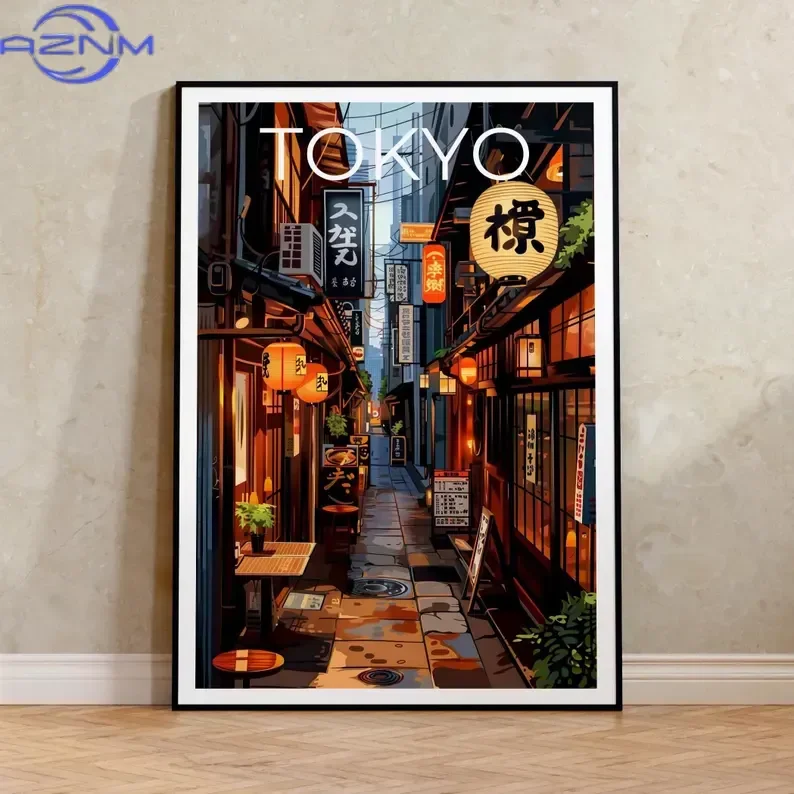 Tokyo Cityscape Canvas Print Japanese Bar Art Asian Cafe Illustration Manga Wall Art Poster for Modern Living Room Home Decor