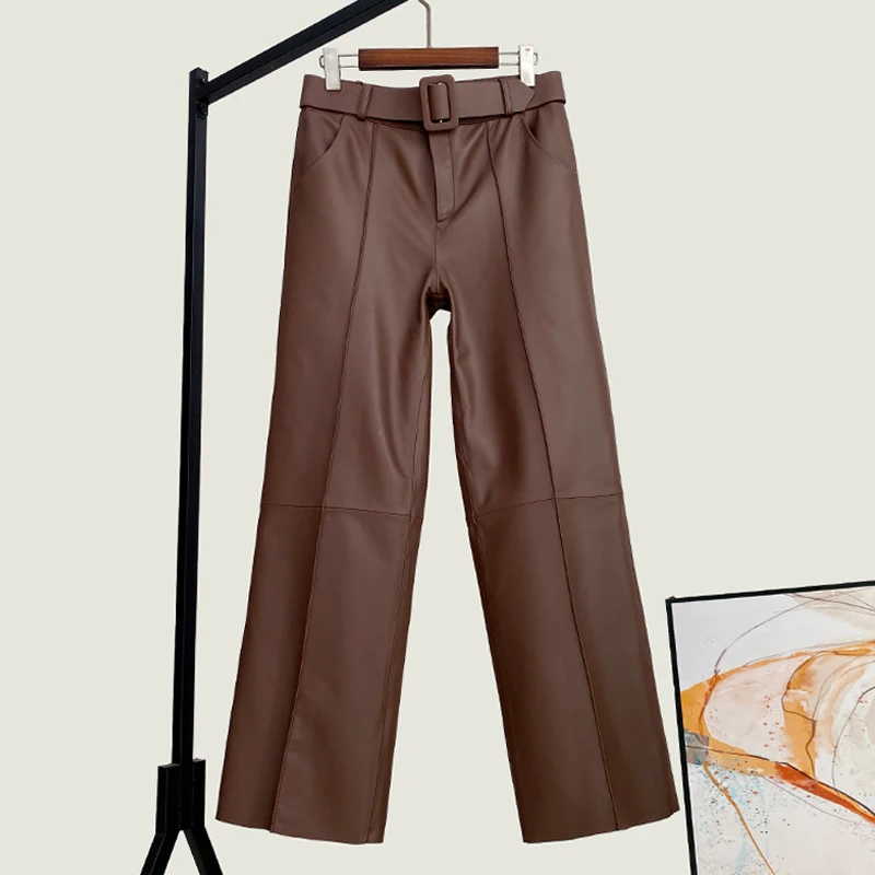 

Новые брюки из овчины на шнуровке с высокой талией, осень-зима 2021, женские повседневные длинные брюки из натуральной кожи, облегающие прямые брюки