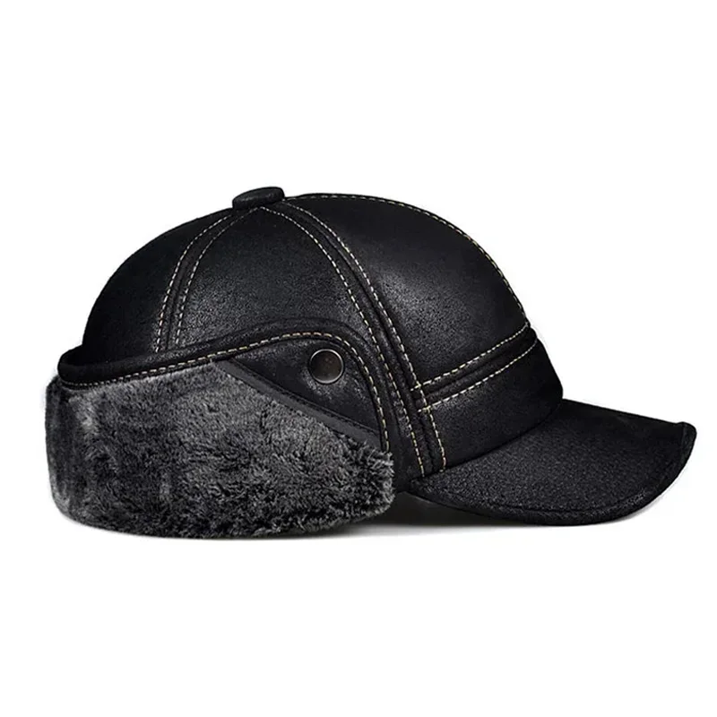 

Spring Winter Real Leather Sheepskin Suede Bomber Hat Ear Warm Man Nubuck Thick Head Dome Caps Sewing Fitted Dad Cap Black