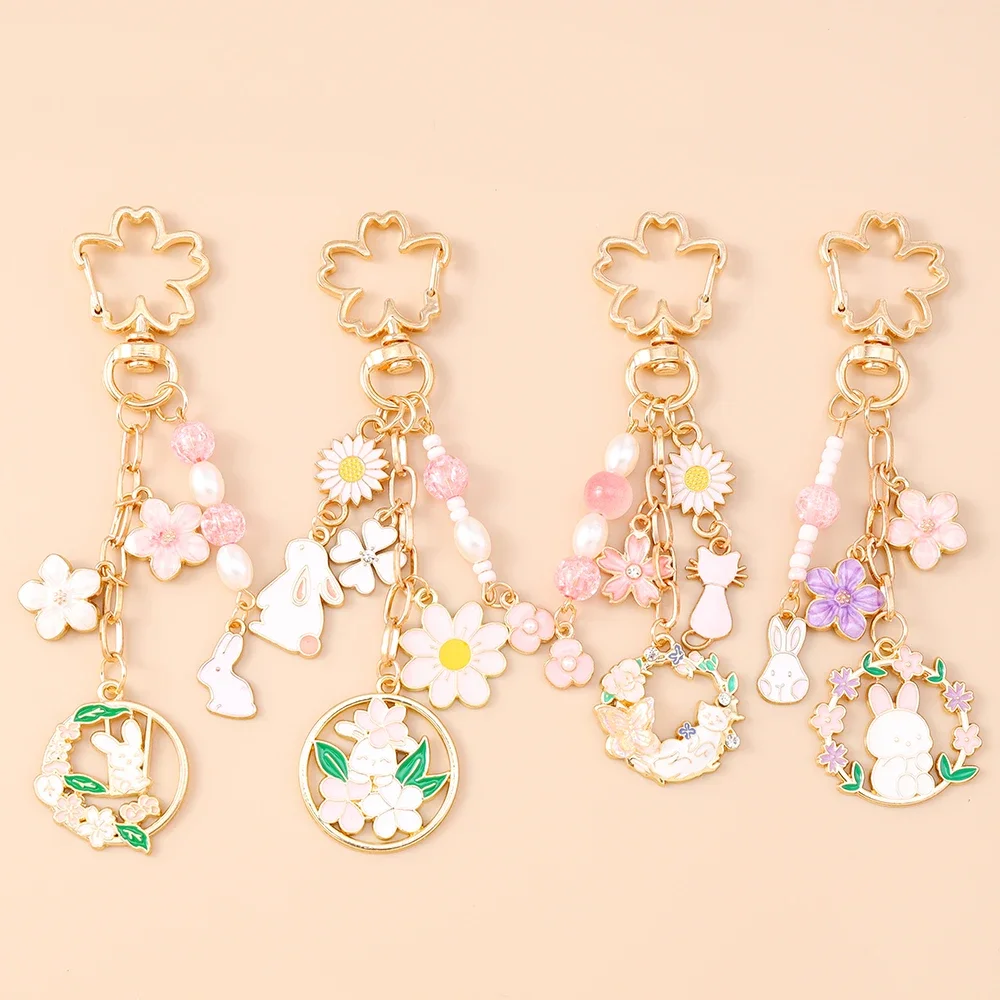 

Cute Animal Rabbit Keychain Women Girls Wreath Flower Key Ring Pendants for Handbag Decor DIY Key Chain Jewelry Gifts
