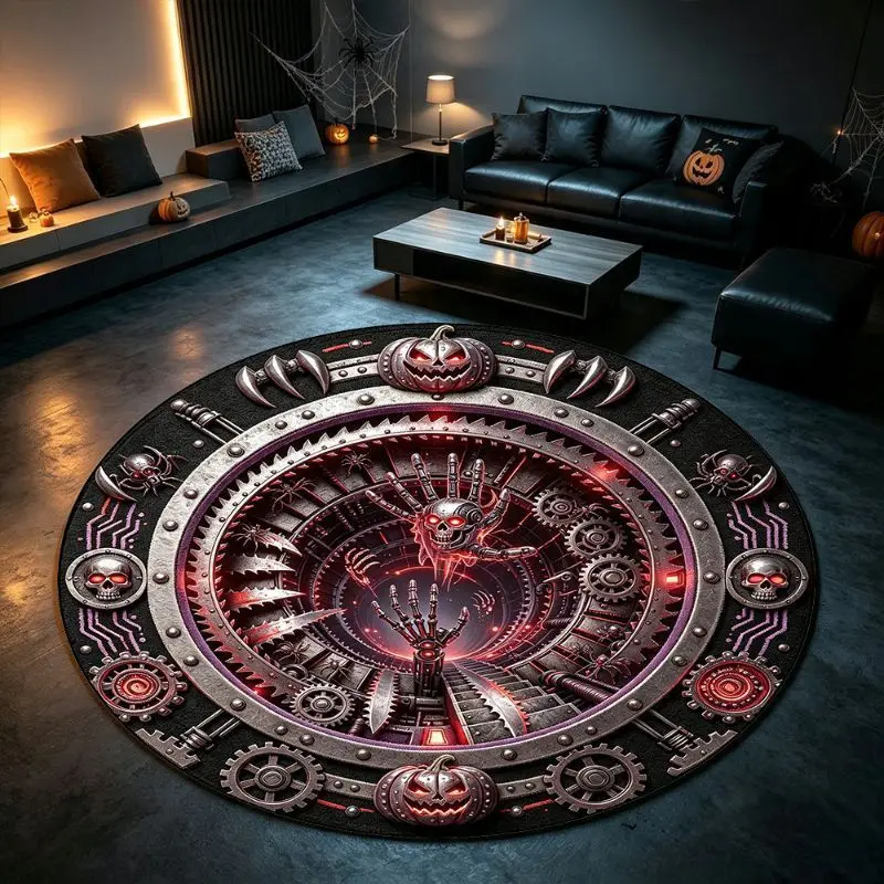 VIKAMA Halloween Round Rug Gear Portal Skull Neon 3D Illusion Non Slip Area Rug Living Room Spooky Decor Elegant Soft Washable