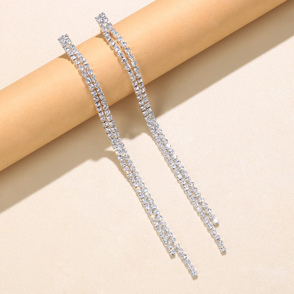 TREAZY Simple Rhinestones Crystal Tassels Long Earrings for Women Shining Wedding Party Hanging Dangle Earrings Bridal Brincos