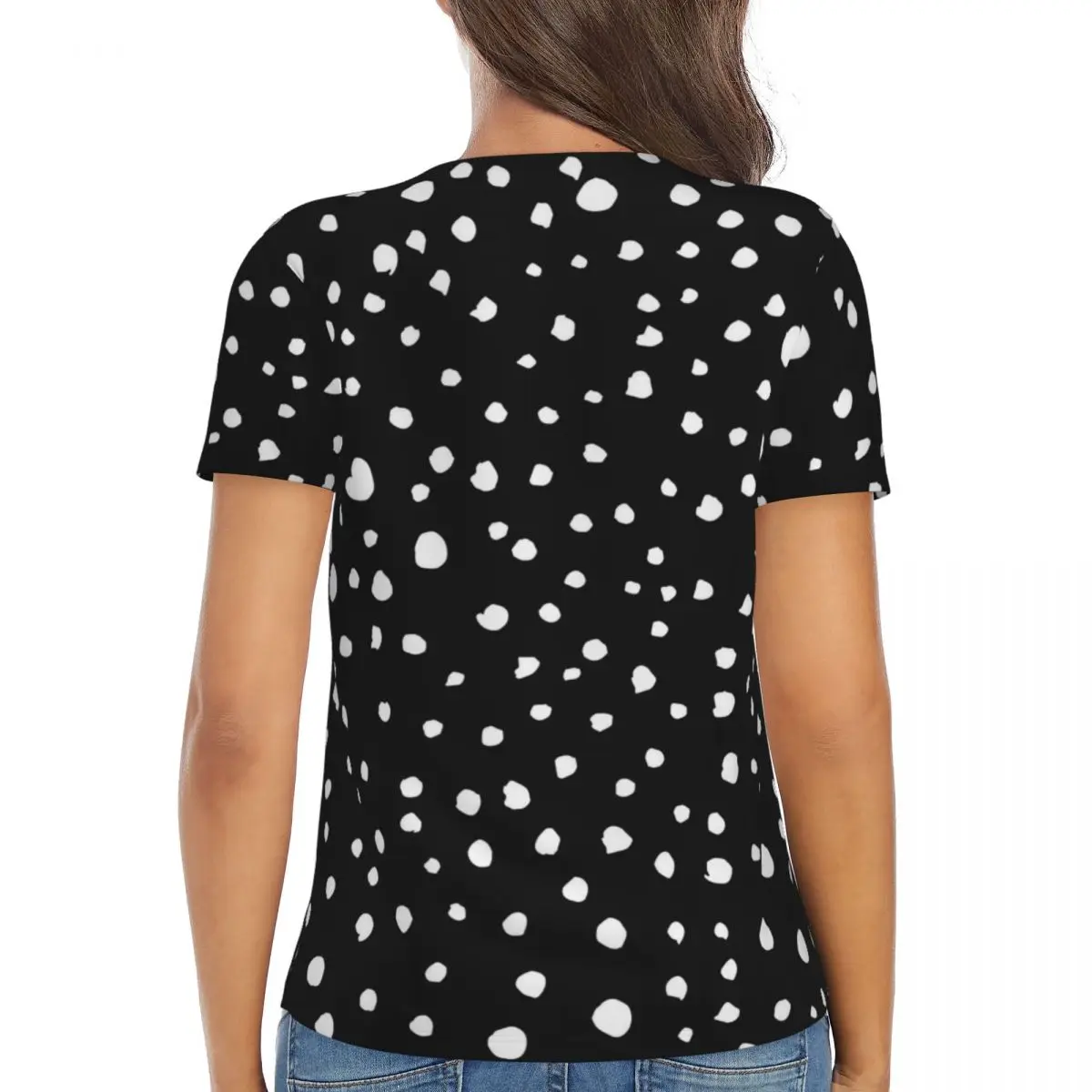 Dalmatian Spots Print T-Shirt White Polka Dots Elegant T-Shirts Sexy Deep V Neck Short-Sleeve Graphic Tshirt 2024 Ladies Tees image 3