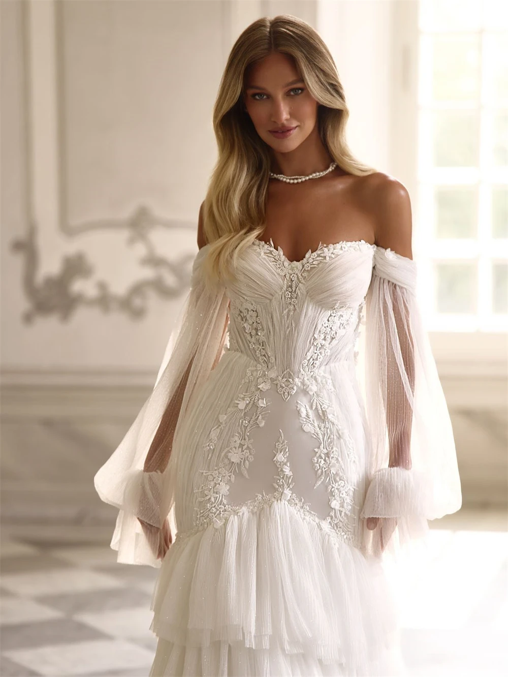 Aangepaste zachte witte chiffon trouwjurk formele lieverd lange mouwen bruidsjurken boho zeemeermin sweep trein robe de mariée