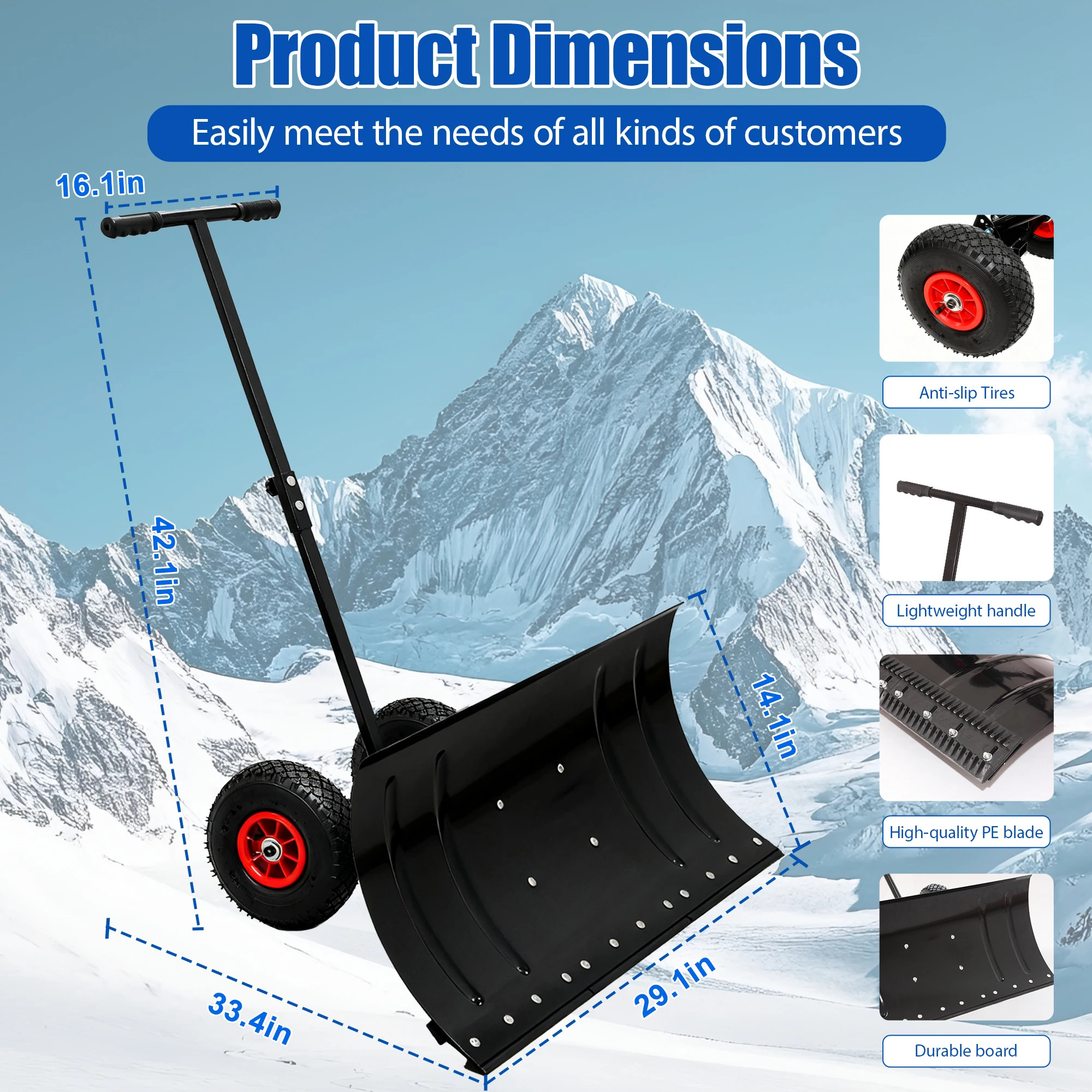 30FT Wide Lightweight Snow Pusher with Wheels, Adjustable Angle & Height Ergonomic Handle, Single/Double Rod Optional for Sidewalk Clearing