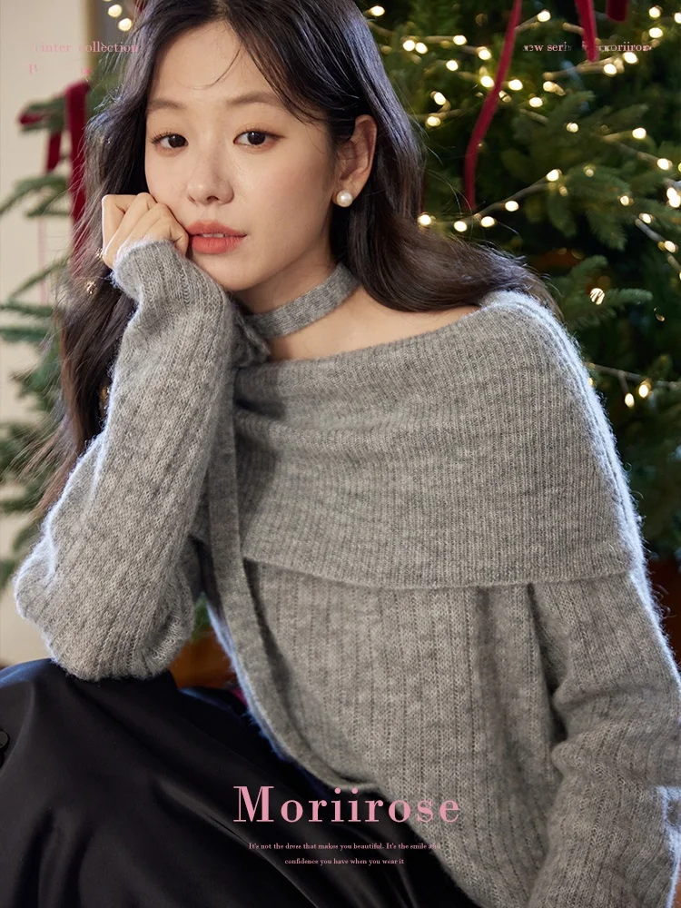 

Moriirose ey Red 3D Flower Sa Шерстяной свитер на одно плечо Женский зимний топ Camere Вязаный длинный све круглый Ne Regular Fit