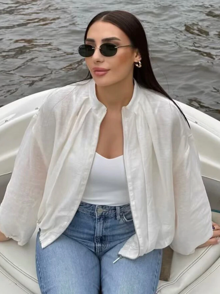 Women's Stand Collar Jacket Casual Long Lantern Sleeve Bomber Jacket Zip Up Crop Outerwear Fashion Light Thin Female Short Coats