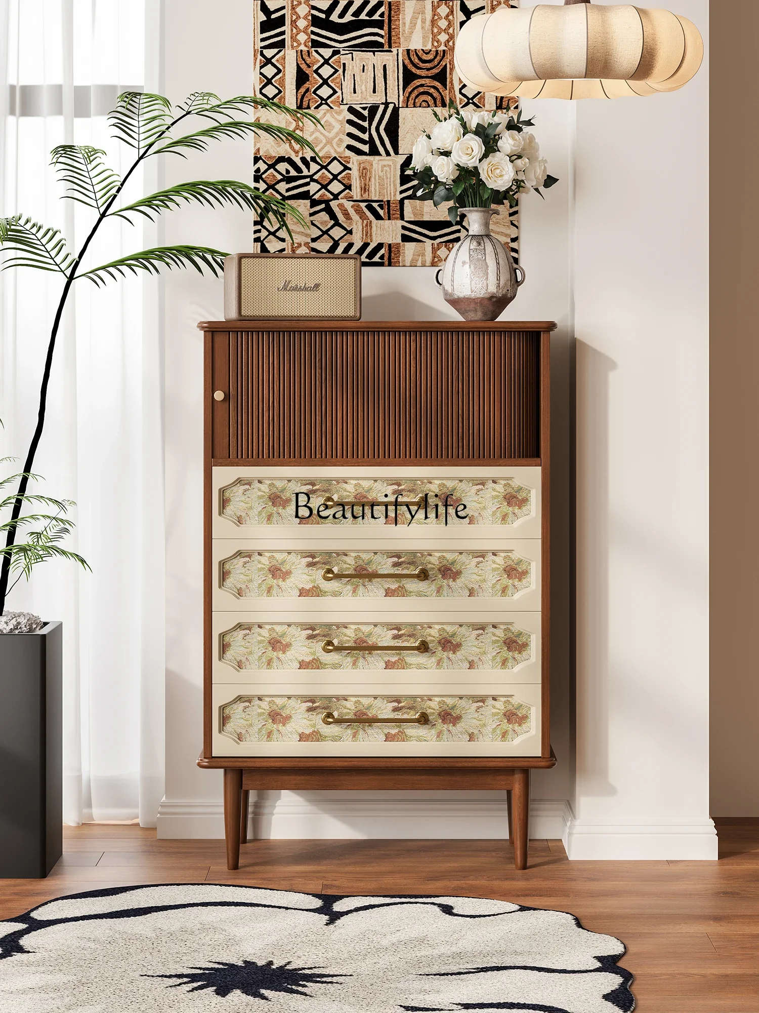 01Vintage Printed Chest of Drawers for Home Living Room Wall Storage Niche Organizer Cabinet