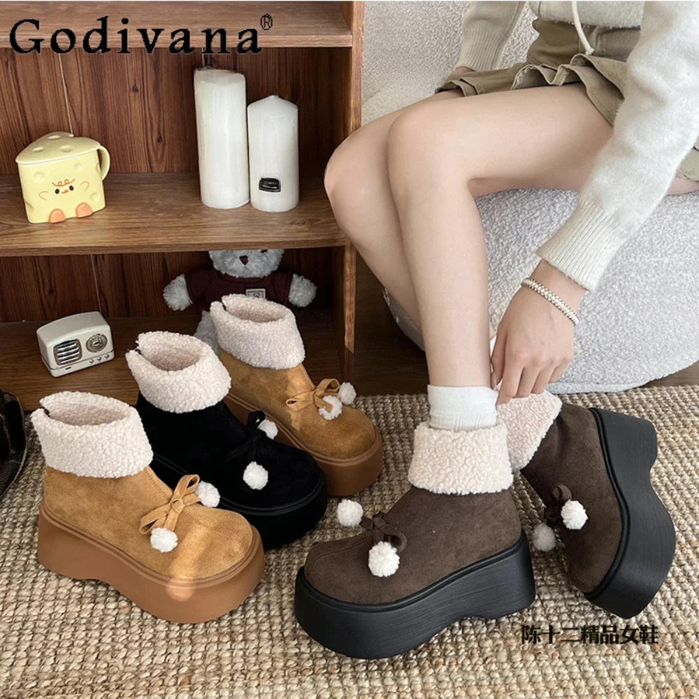 

Fashion Cute Bow Platform Snow Boots Women's 2024 Winter Velvet Warm Waterproof Non-slip Cotton Shoes