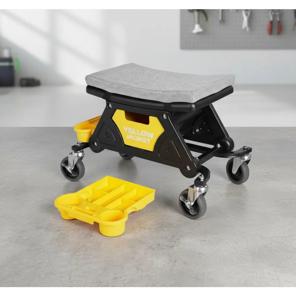 

Professional Rolling Mechanic Stool with Tool Trays & Drawer, 300 lbs Capacity, Comfort Cushion for Auto Repair