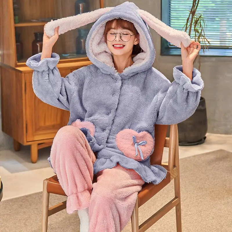 

Pajamas Women's Fall and Winter Cute Thickened Coral Fleece Fleece Winter Furry Warm Flannel Loungewear Set Can Be Worn Outside