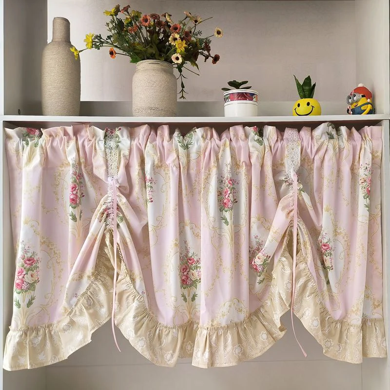 French Retro Pastoral Pink Small Window Curtains For Kitchen, Adjustable Length Floral Print Curtains, Apartment Kitchen Drape