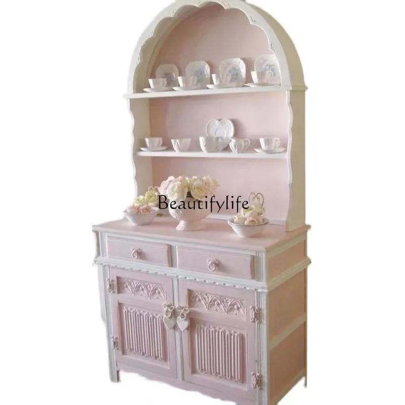 

French retro solid wood carving flower bookcase dining side porch American arched locker