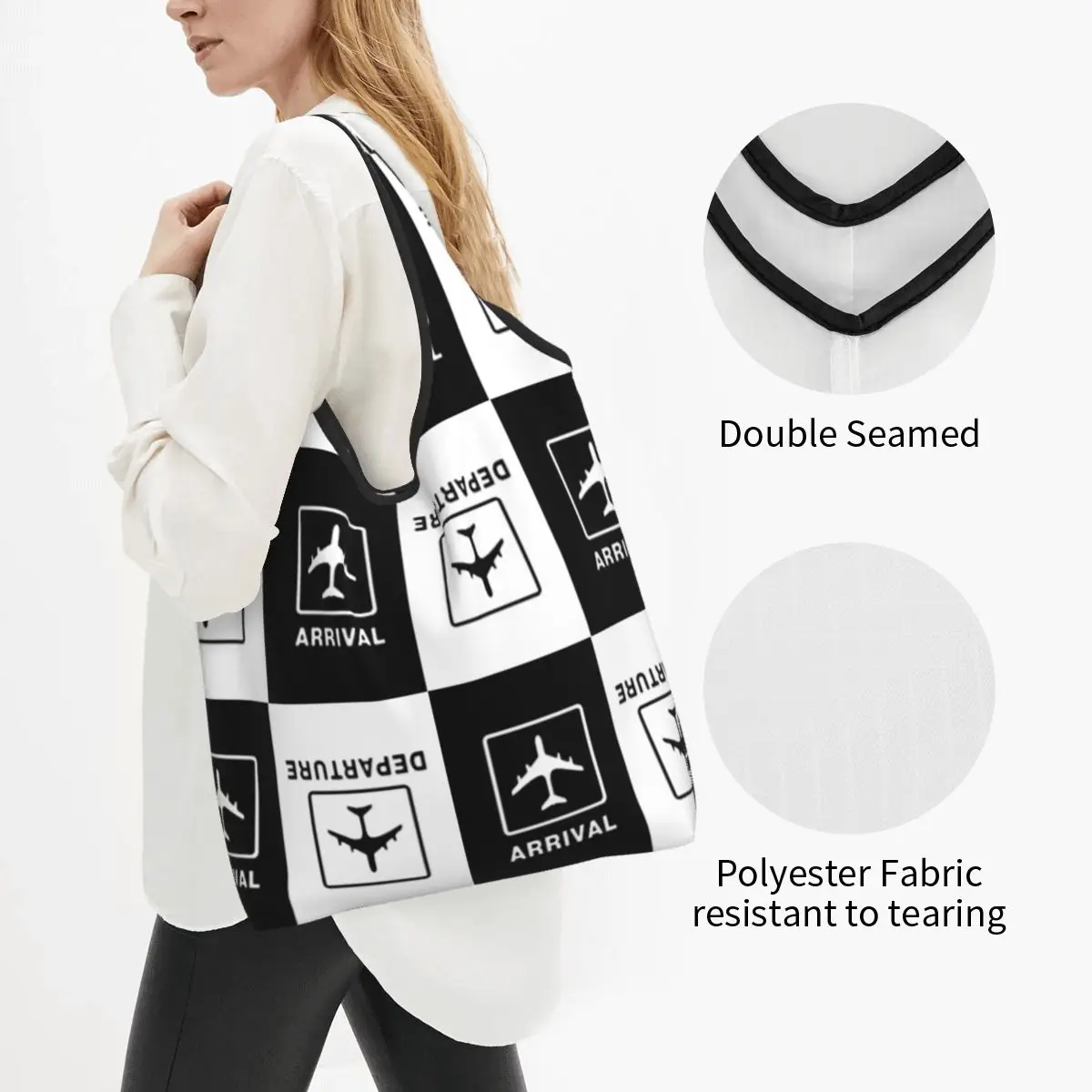 Cute Printing Aviation Airplane Departures Arrivals Tote Shopping Bag Portable Shopper Shoulder Aviator Pilot Plane Handbag