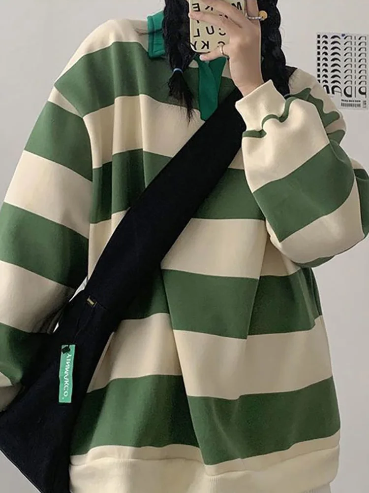 Green Striped T shirt Women Oversized Tee Harajuku Long Sleeve preppy Polo Shirt Ladies T-shirts For Teenagers Spring Casual Top