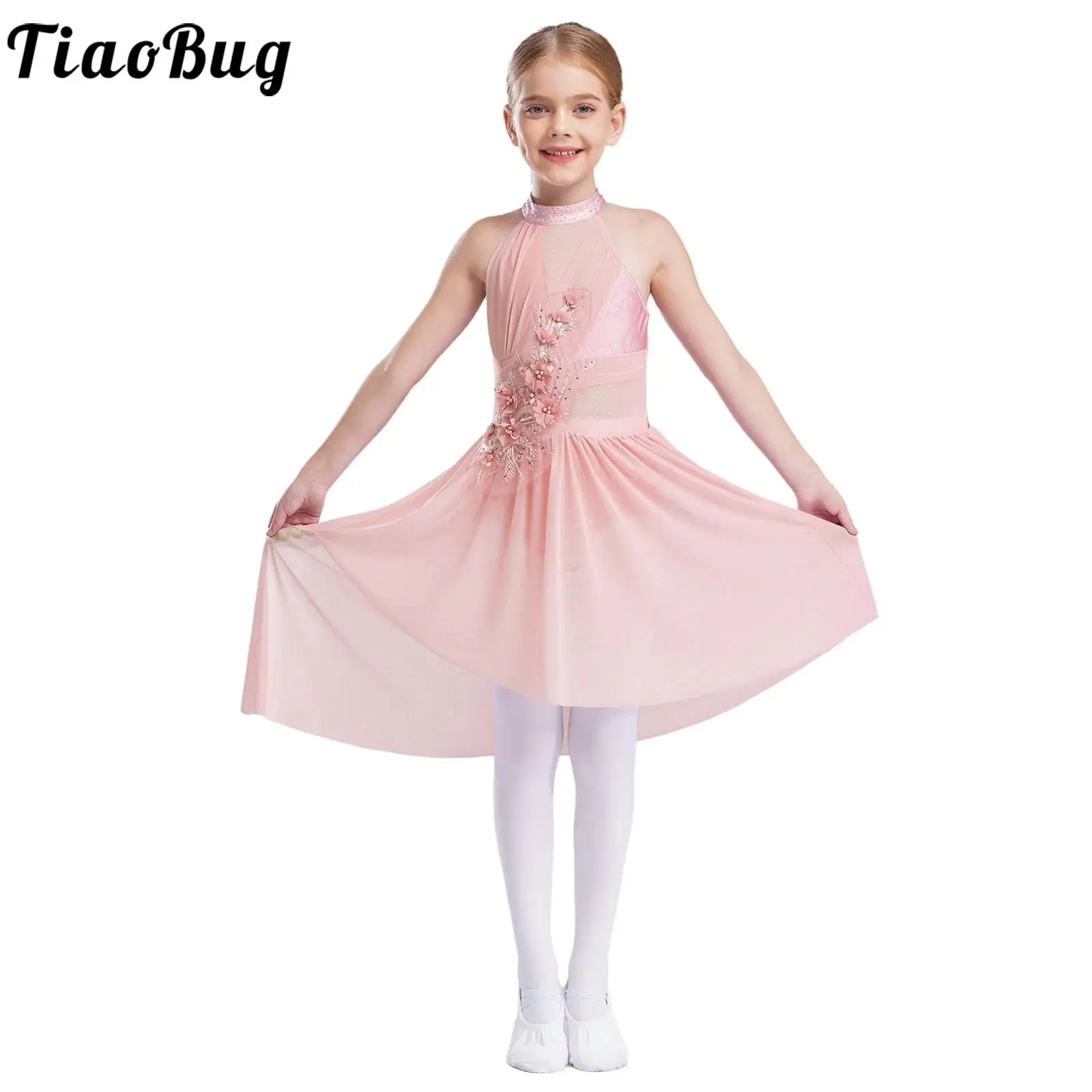 

Kids Girls Ballet Lyrical Dance Dress Sparkly Rhinestones Figure Skating Modern Dance Costume Delicate Applique Dress Dancewear