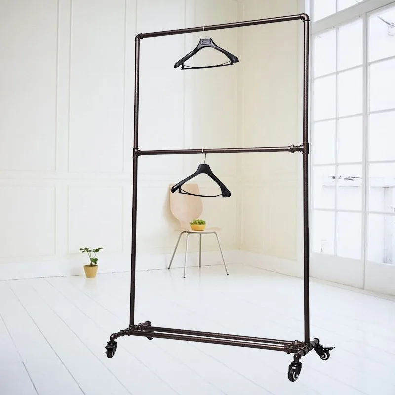 

Clothing display rack, simple gantry rack, wrought iron belt wheel hanging hanger, double-layer floor rack, clothing store.