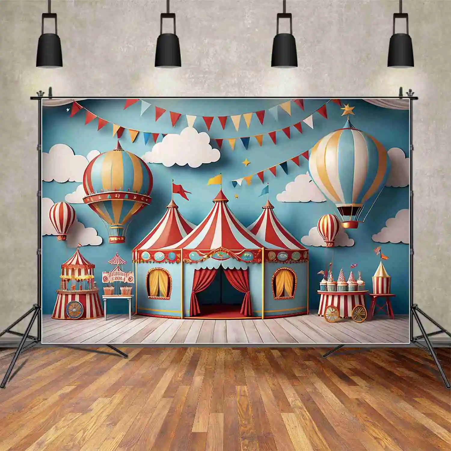 

MOON.QG Circus Candy First Birthday Backdrops Child Carnival Tent Hot Air Balloon Background Party Decoration Photocall Supplies