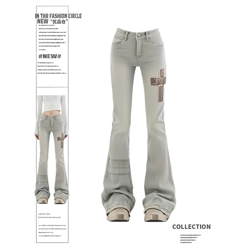 

Y2K American Vintage Streetwear Jeans Women Spring Fall 2025 Low Rise Washed Slim Fit Utility Cargo Denim Pants 90s Gothic Look