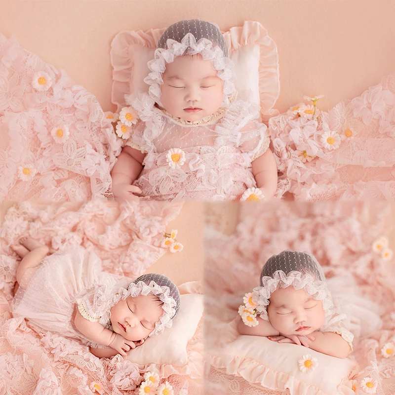 Newborn Photography Outfit Baby Girl Princess Lace Puffy Dress Daisies Flowers Pose Photo Props Studio Shooting Accessories