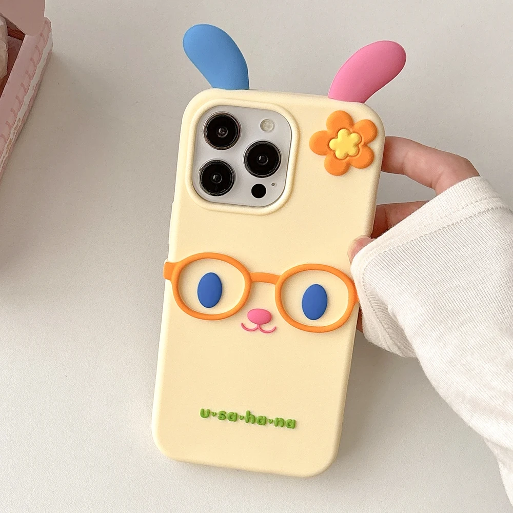 Мягкий силиконовый чехол для телефона с 3D милым мультяшным красочным кроликом, противоударная задняя крышка, совместимая с iPhone 12/13/14/15/16 pro Max