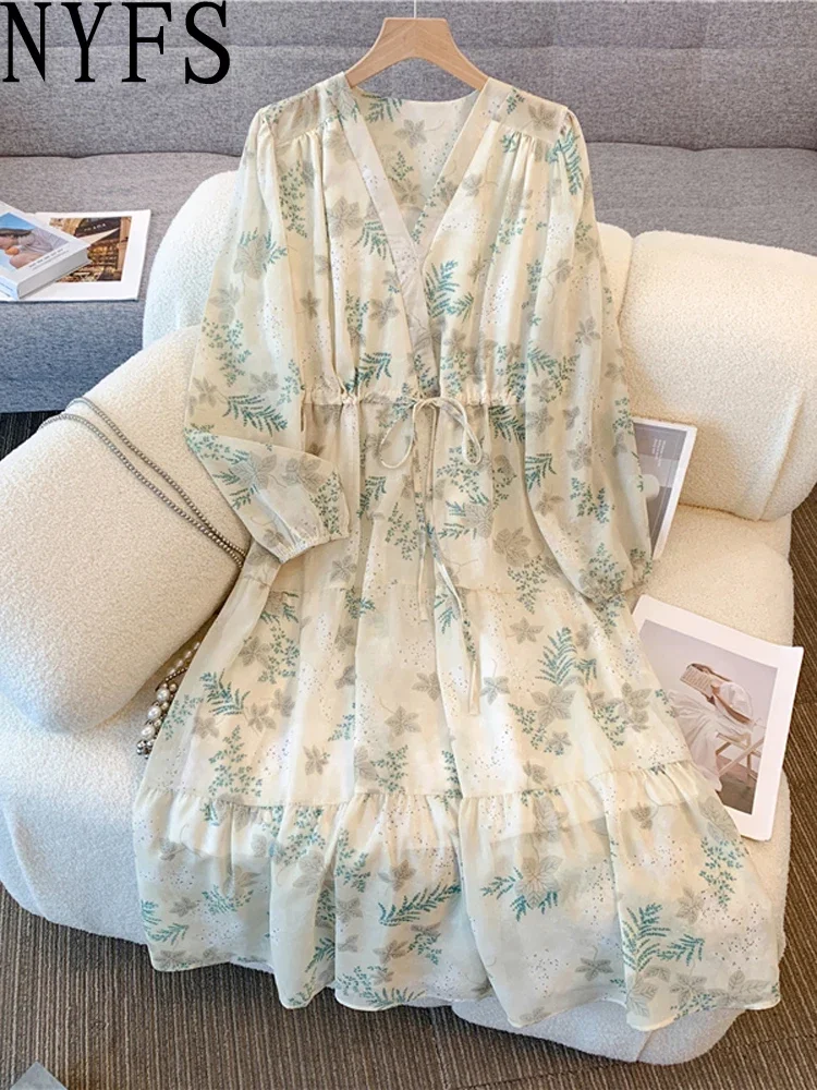 فستان NYFS نسائي فضفاض مقاس كبير بأكمام طويلة من الشيفون مُزين بنقشة الزهور على الطراز الكوري 2025 لربيع وصيف رداء أنيق جديد Elbise