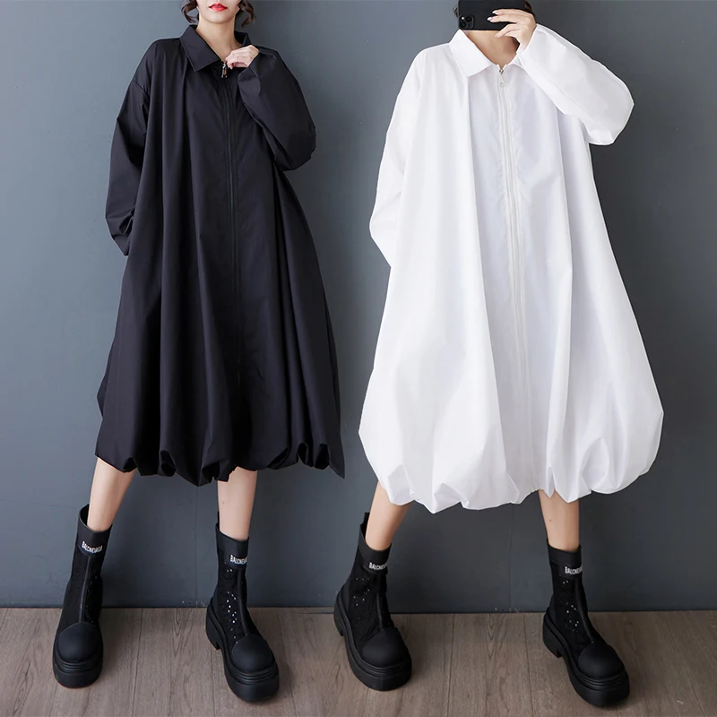 فستان ميدي فضفاض بأكمام واسعة وخصر مرن، فستان طويل الأكمام بلون واحد، تنورة على شكل حرف A من مزيج القطن والبوليستر