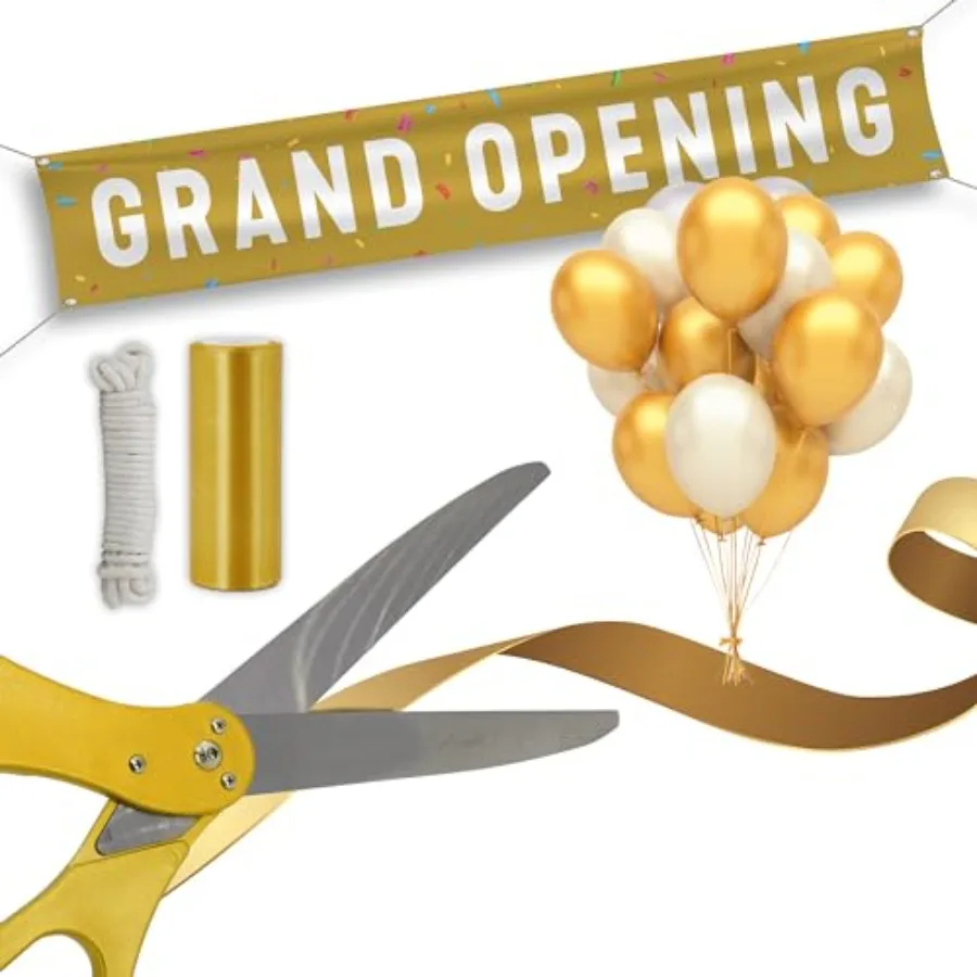 

Grand Opening Ribbon Cutting Ceremony Kit - 25" Giant Scissors 5yd of 4" Wide Ribbon 10Feet Banner 8 and 8 White Balloons 19 Fe