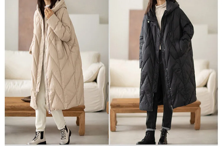 Schinteon Women 90% White Duck Down Long Jacket with Hood Casual Loose Over Size Winter Warm Outwear High Quality 2026 New