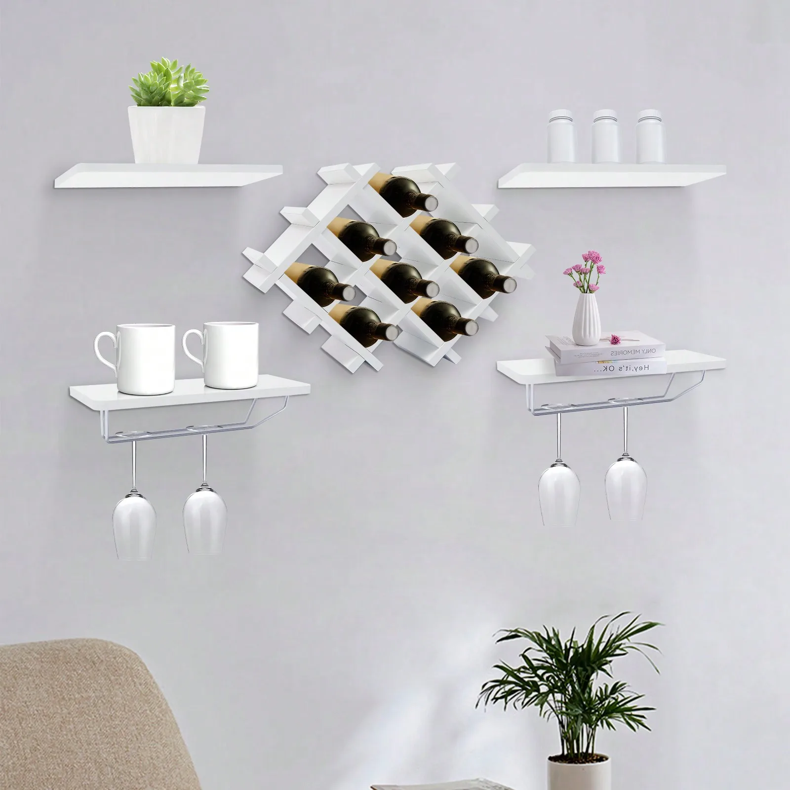 White Wine Holder Rack Wall Hanging Storage Bottle Glass-Shelves Cabinet Decorative Wine Cellar Rack for Livingroom