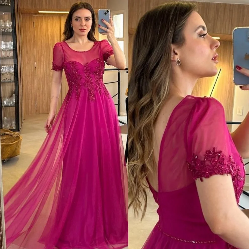 

Customized Evening Sexy Casual Tulle Sequined Flower Beading Ruched Engagement A-line O-Neck Bespoke Occasion Gown Long Dresse