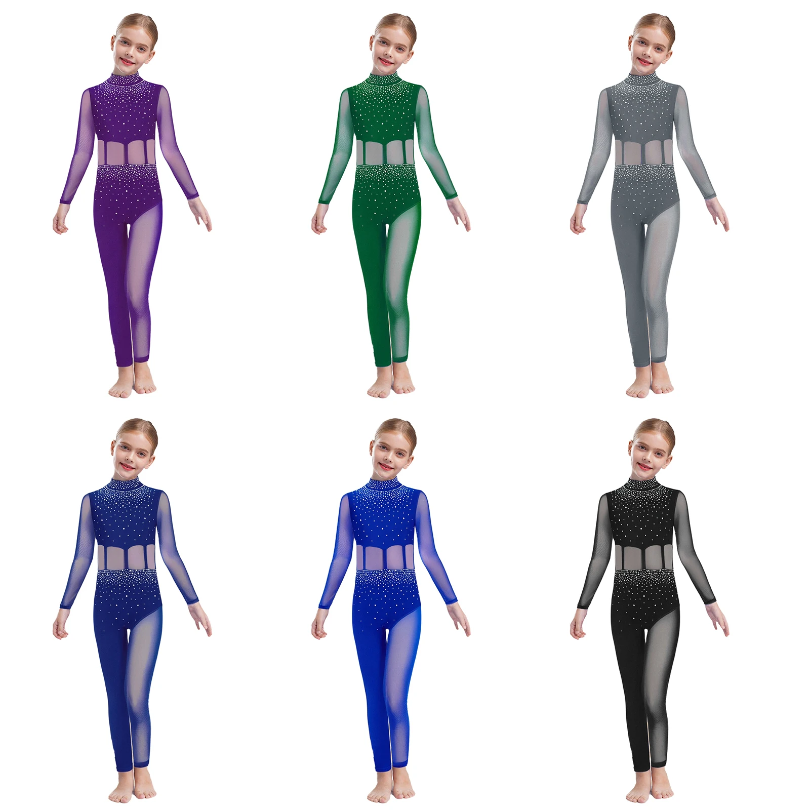 Professionele kunstschaats-catsuit voor meisjes met sleutelgat-achterontwerp, pure mesh en met strass versierde jumpsuit voor ijsshows