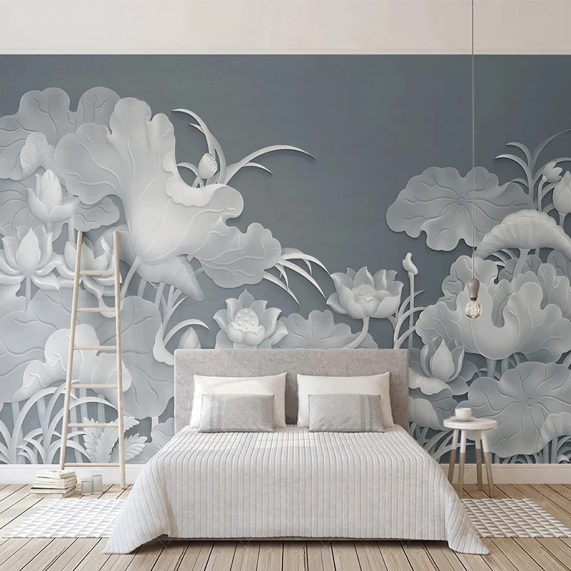 Chinese Style 3D Lotus Leaf Wall Mural White Embossed Wallpaper for Living Room Bedroom TV Background Luxury Home Decor