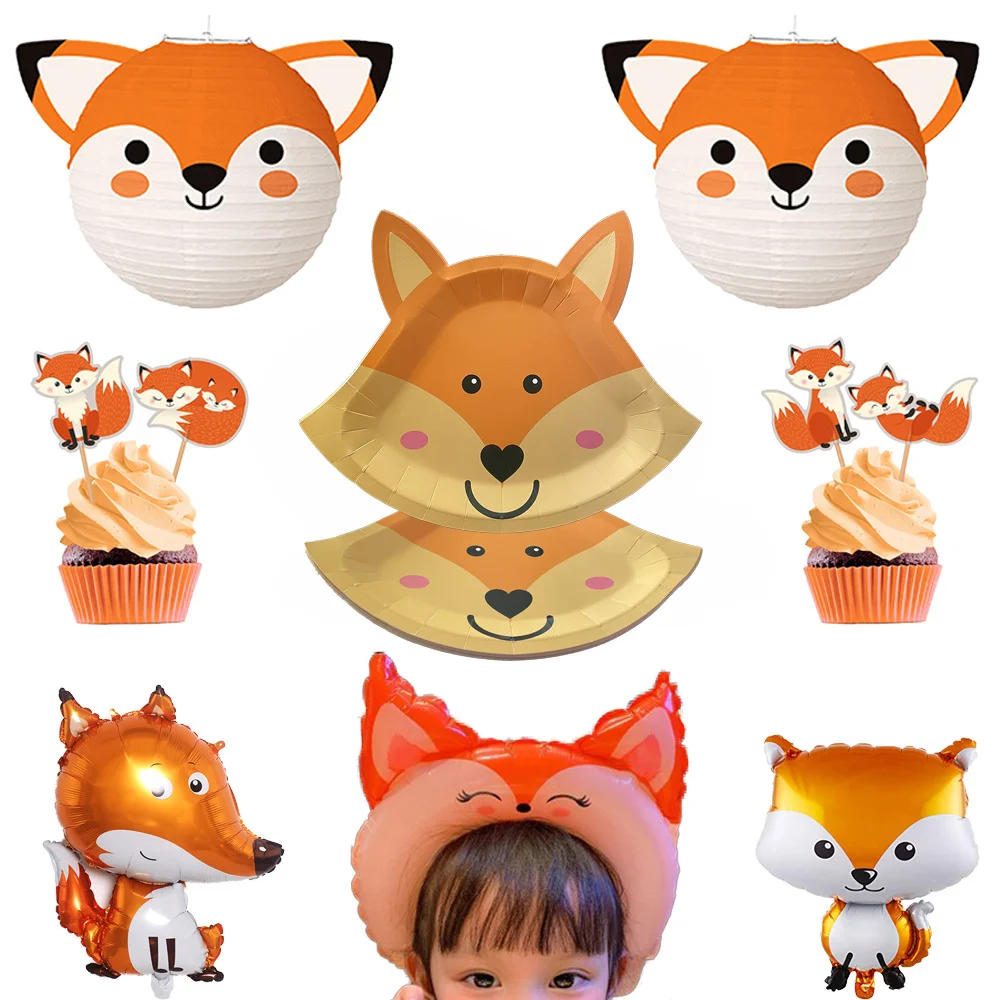 Fox Birthday Decorations Balloon Cupcake Toppers Woodland Animals Theme Party Dress Up Supplies Fox Paper Lantern Kids Gifts