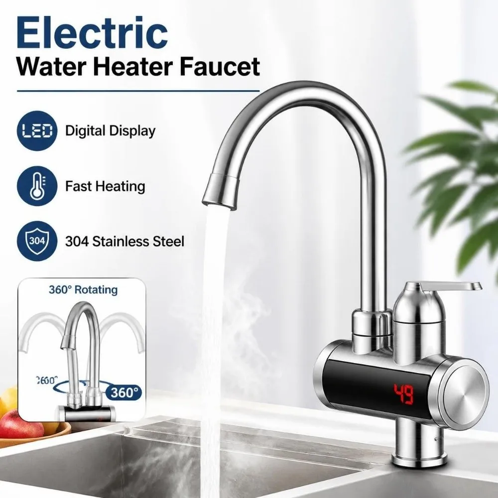 3000W Instant Water Heater Faucet 360° Rotating Digital Display Electric Water Heater Faucet 304 Stainless Steel Fast Heating