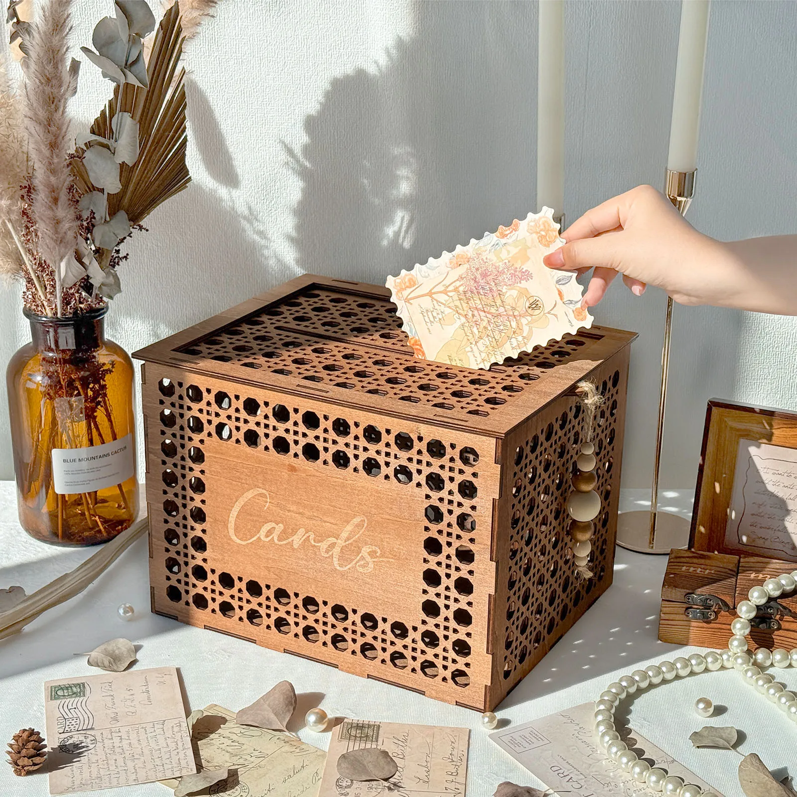 

Винтажная деревянная коробка для свадебных открыток с деревянными бусинами, держатель для денег и конвертов для свадебного торжества, детского праздника и декора вечеринок