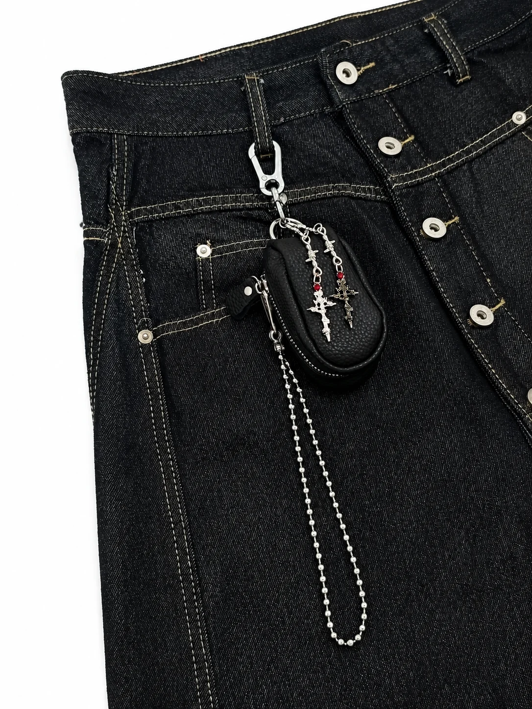 Gotischer Dornenkreuz-Münzbeutel-Schlüsselanhänger mit Doppelkreuz-Anhängern, Mini-Reißverschluss-Geldbörsen-Taschenanhänger, Punk-Street-Fashion-Anhänger – Detail 4