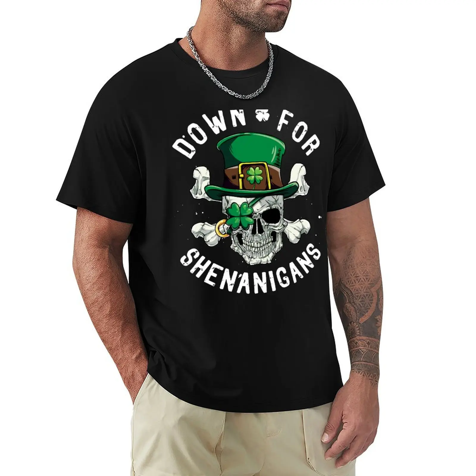 Down for Shenanigans T shirt St Patricks Day Funny Skull Tee T-Shirt Large Size Short Sleeve T-Shirt