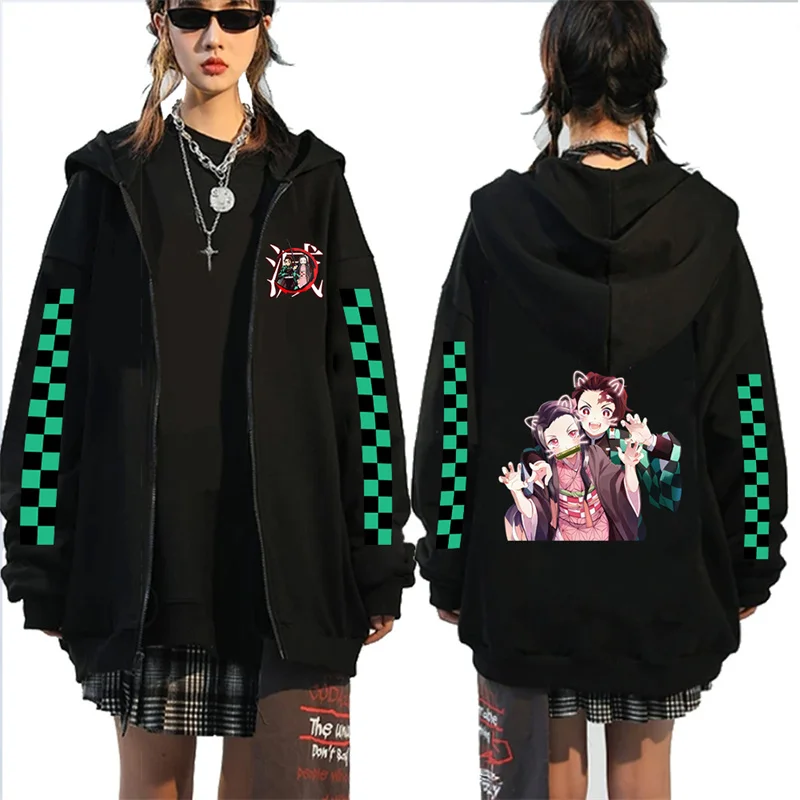 Japan Anime Demon Slayer Kamado Nezuko Print Plus Size Zip Up Hoodie Women Sweatshirts With Zipper Harajuku Female Zipper Jacket