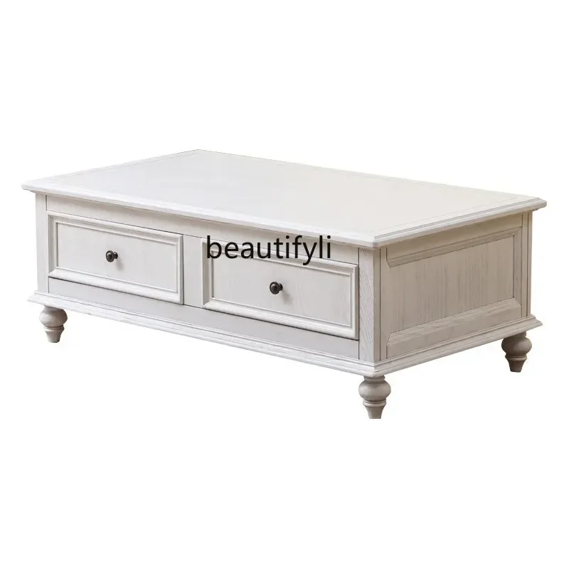 

American country coffee table solid wood ivory white living room tea table pastoral style old furniture TV cabinet coffee4567