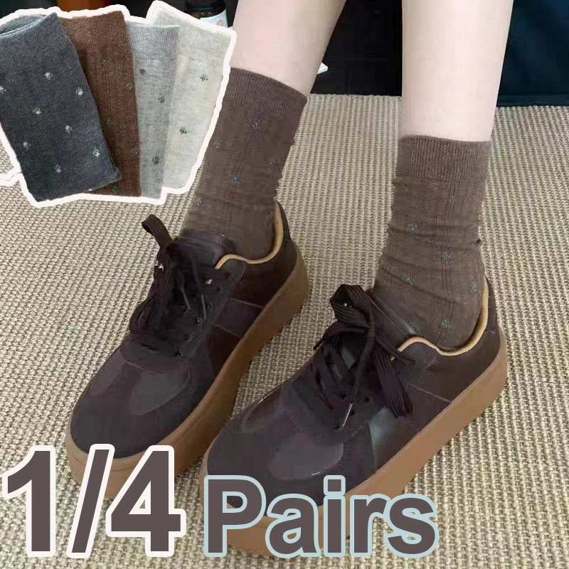 

1/4 пары женских носков средней длины с цветочным узором, мягкие и удобные впитывающие пот дышащие повседневные носки на четыре сезона