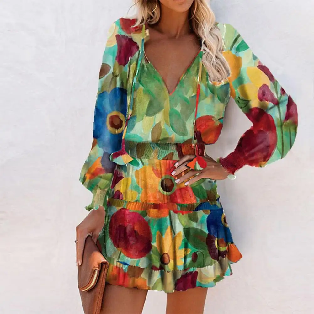 V-Neck Lace Up Mini Dress Popular Breathable Waist Tight Long Sleeve Colorful Floral Print Ruffle Hem Party Dress Female Clothes