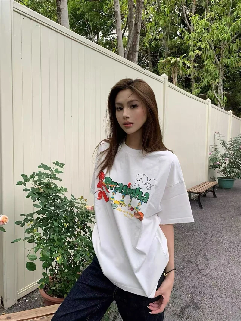 

High Quality Purey 25ss Anime Ghost Printed Washed Vintage Short Sleeve High Street Casual Loose Cotton Oversize T-shirt