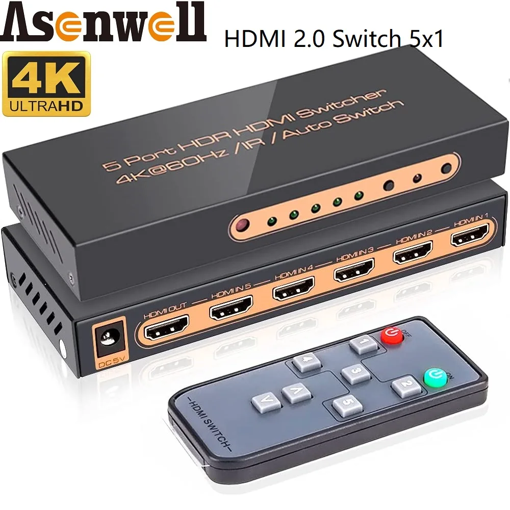 

HDMI2.0 Switcher 5 In 1 Out Selector UHD HDR10+ 4K60Hz Splitter 5 Port 4K Remote IR Control 18Gbps 1080P 3D HDCP2.2 Auto Switch